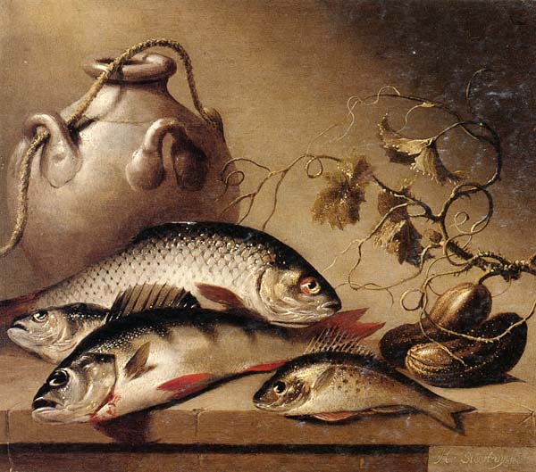 Harmen van Steenwyck Still life of freshwater fish,together with an earthenware pot and ghrkins,upon a stone ledge